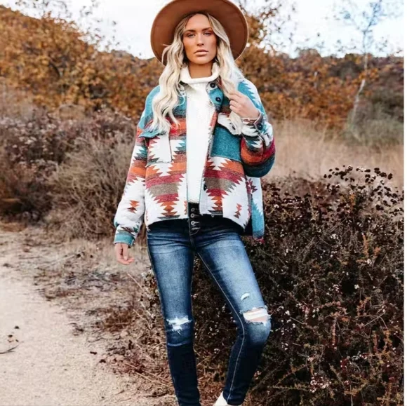 New Southwestern Distressed Jacket Coat Shacket Button Up Top Blue Red - Picture 2 of 11